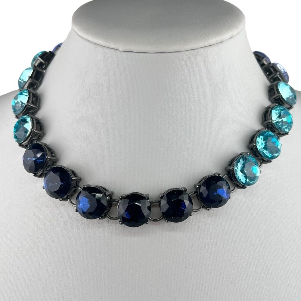 Blue Faceted Glass Statement Necklace Gunmetal Ombre Colors